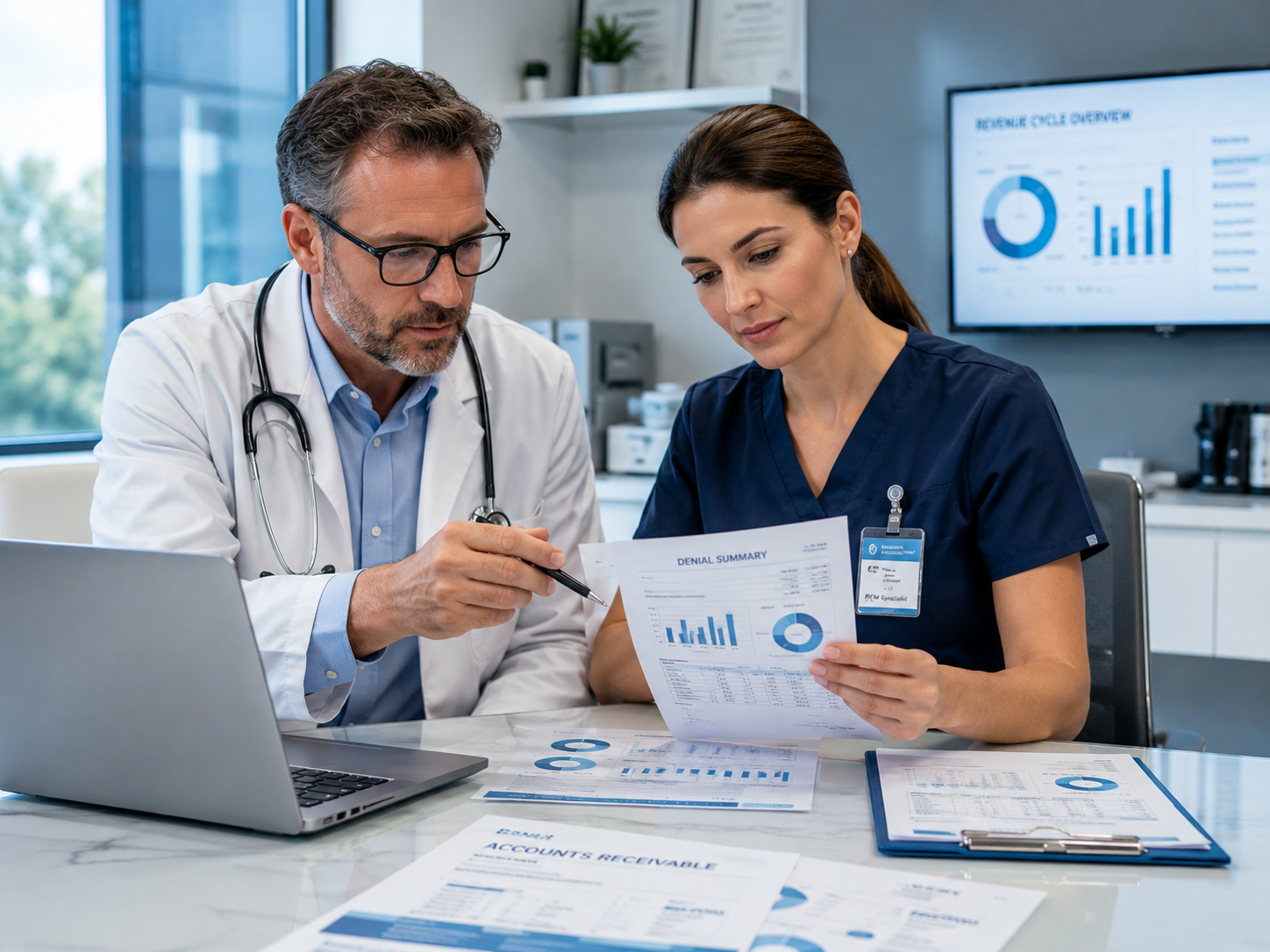 Healthcare professionals reviewing denial management and accounts receivable reports
