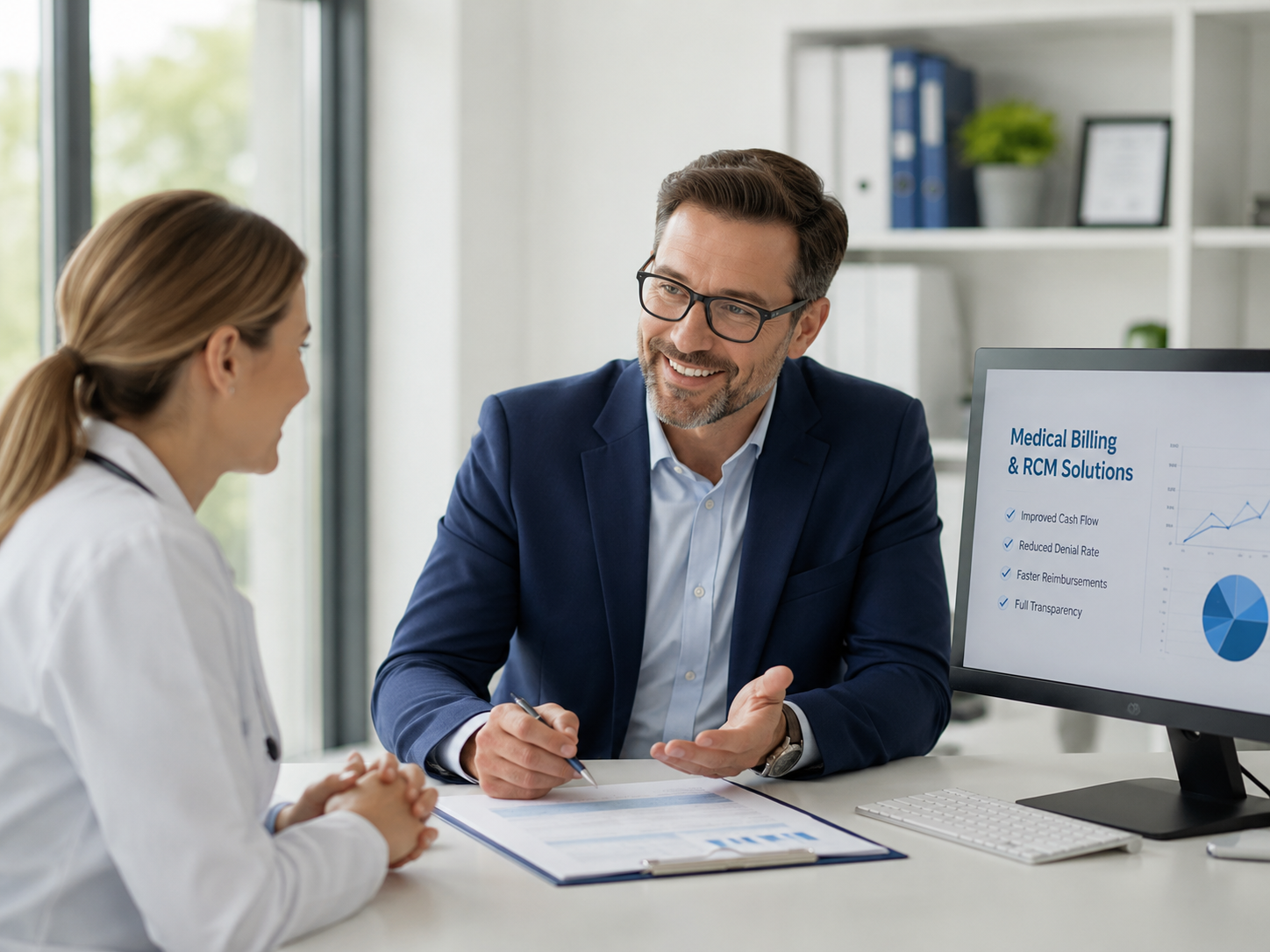 Medical billing consultant discussing RCM services with healthcare provider