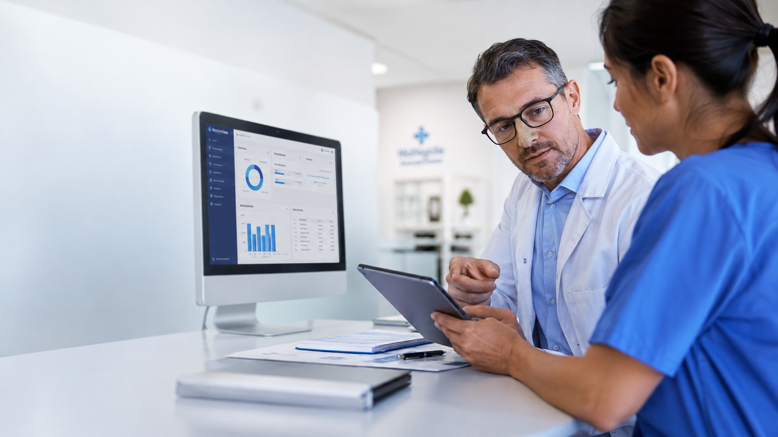Healthcare professionals reviewing medical billing dashboard and revenue cycle performance