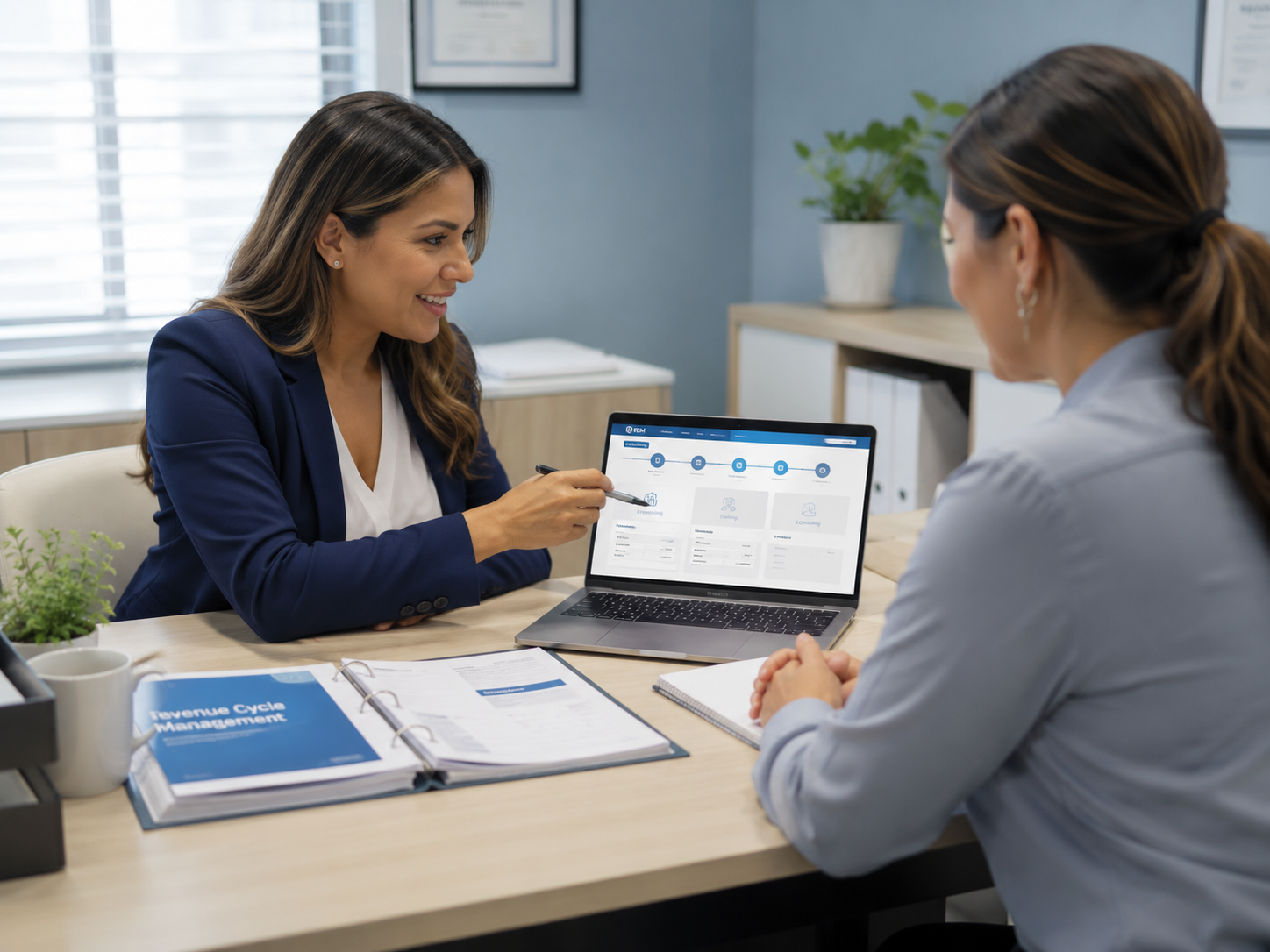 Revenue cycle management consultant explaining billing workflow to healthcare client